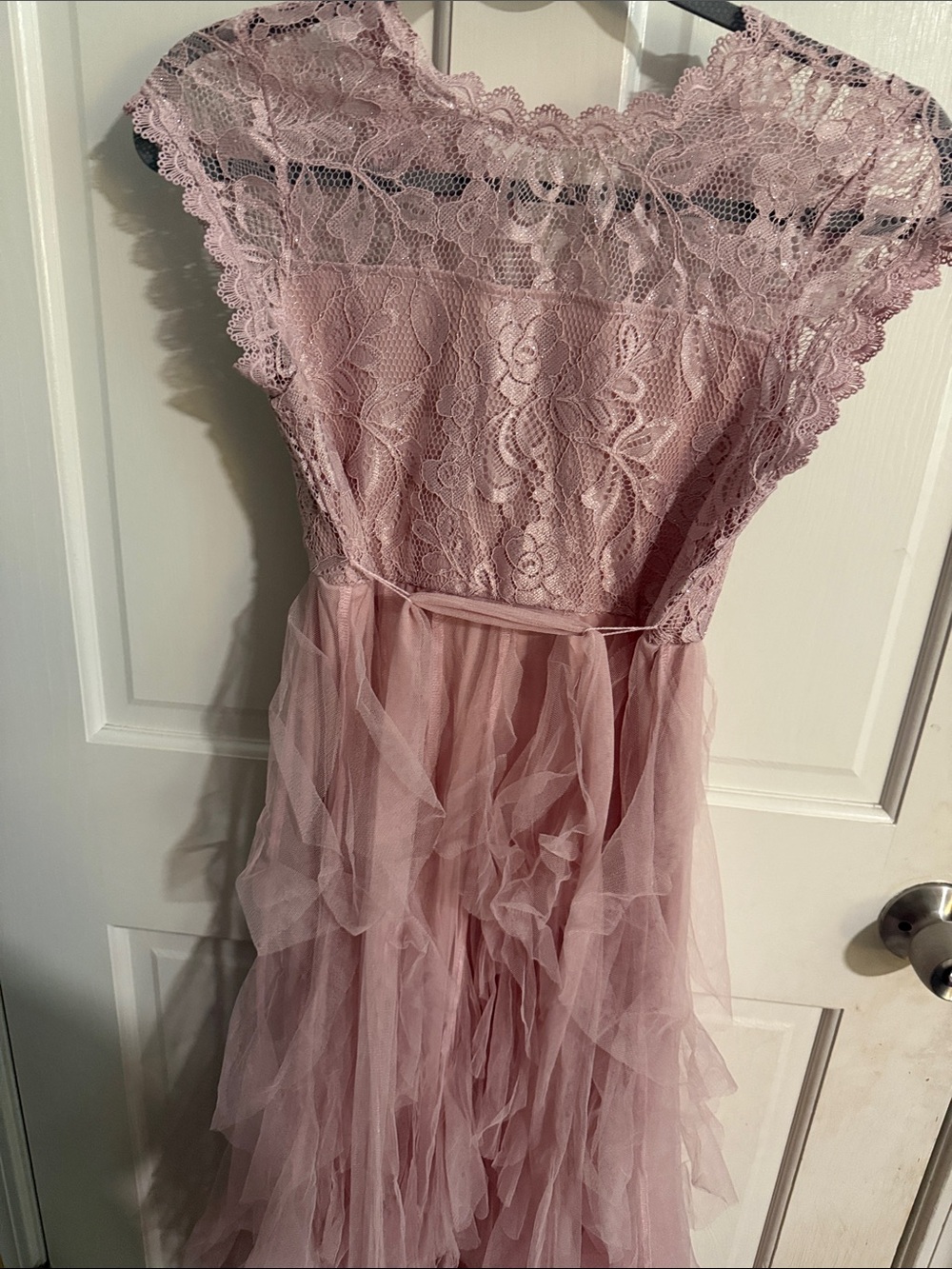 Girls Dusty Pink Lace & Tulle Ruffle Formal Dress
